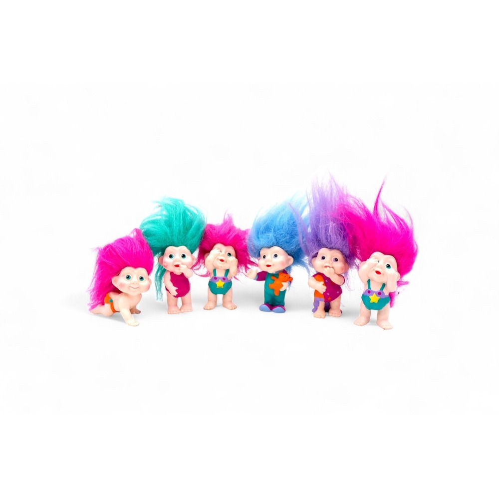 Set of 6 Retro Troll Dolls Vintage Style Bright Hair Outfits Baby Trolls